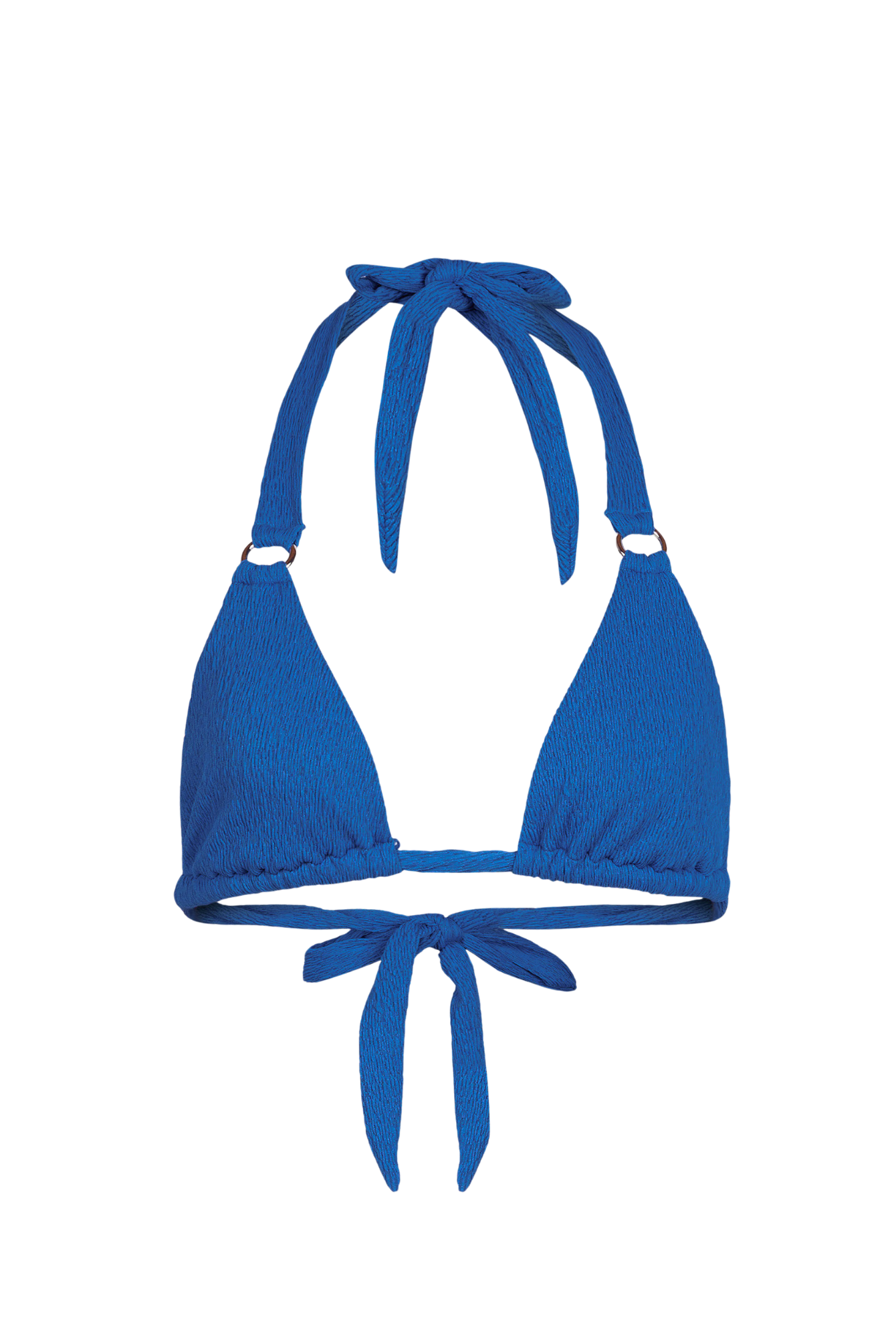 Blue bikini top with ties on a white background