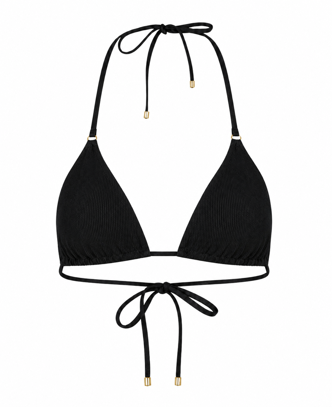 A black triangle ribbed bikini top with thin adjustable neck straps on a plain white background.