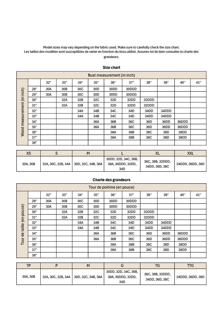 Size chart for fabric measurements in inches and centimeters for the layla top.