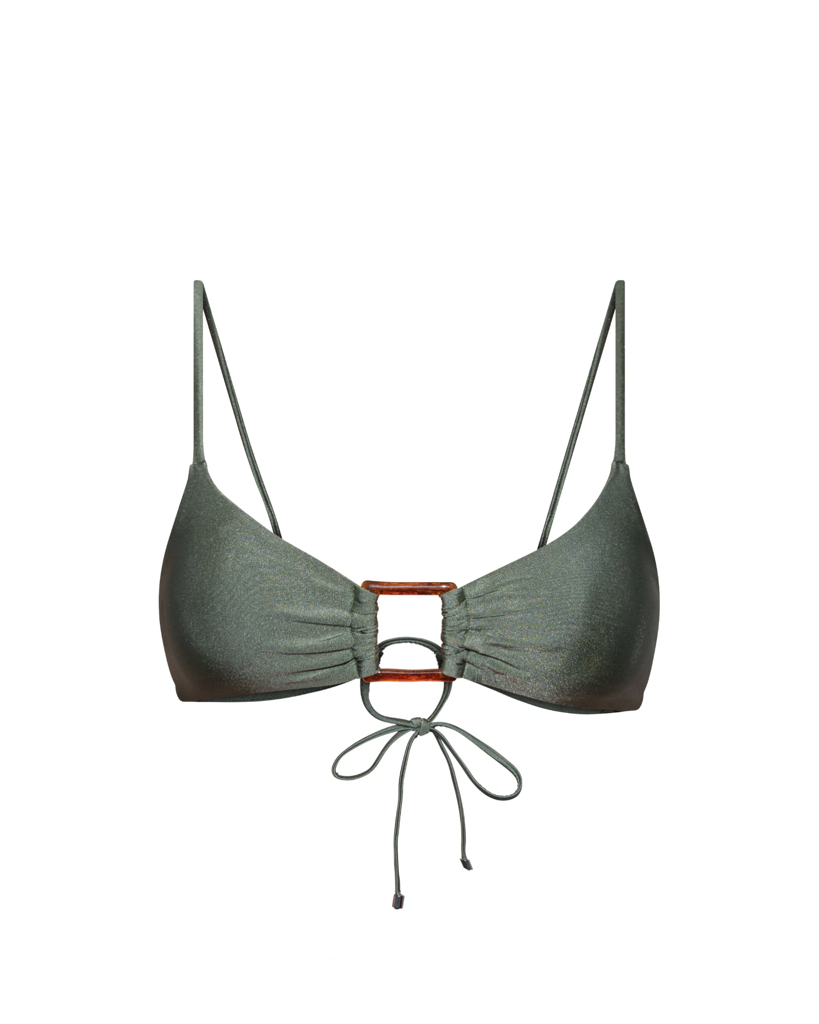 Green bikini top with thin straps and a unique design on a white background