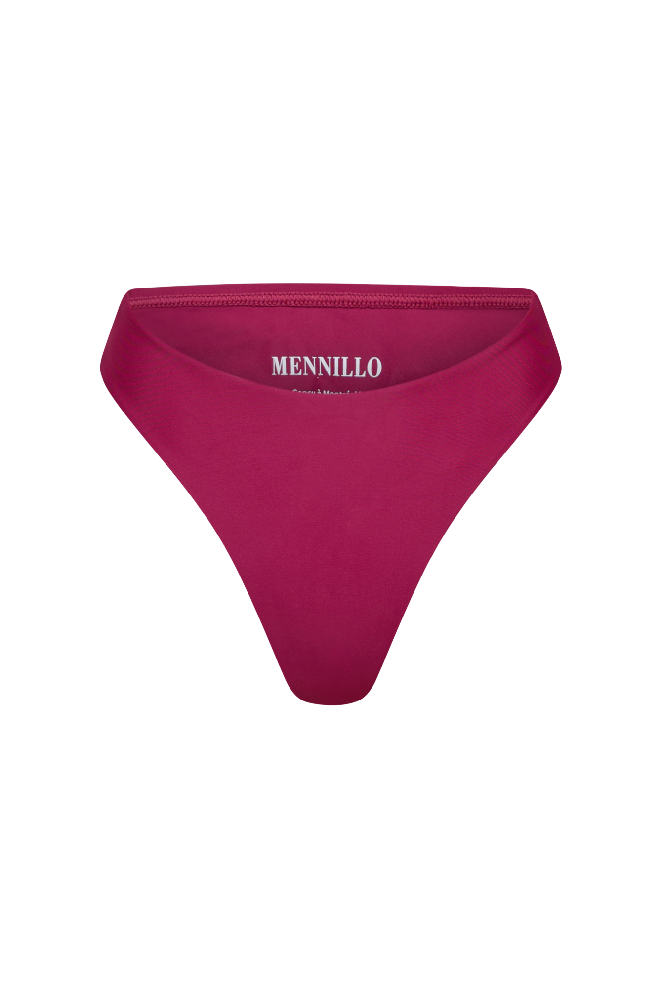 Raspberry cherry matte bikini bottom with 'Mennillo' branding on a white background