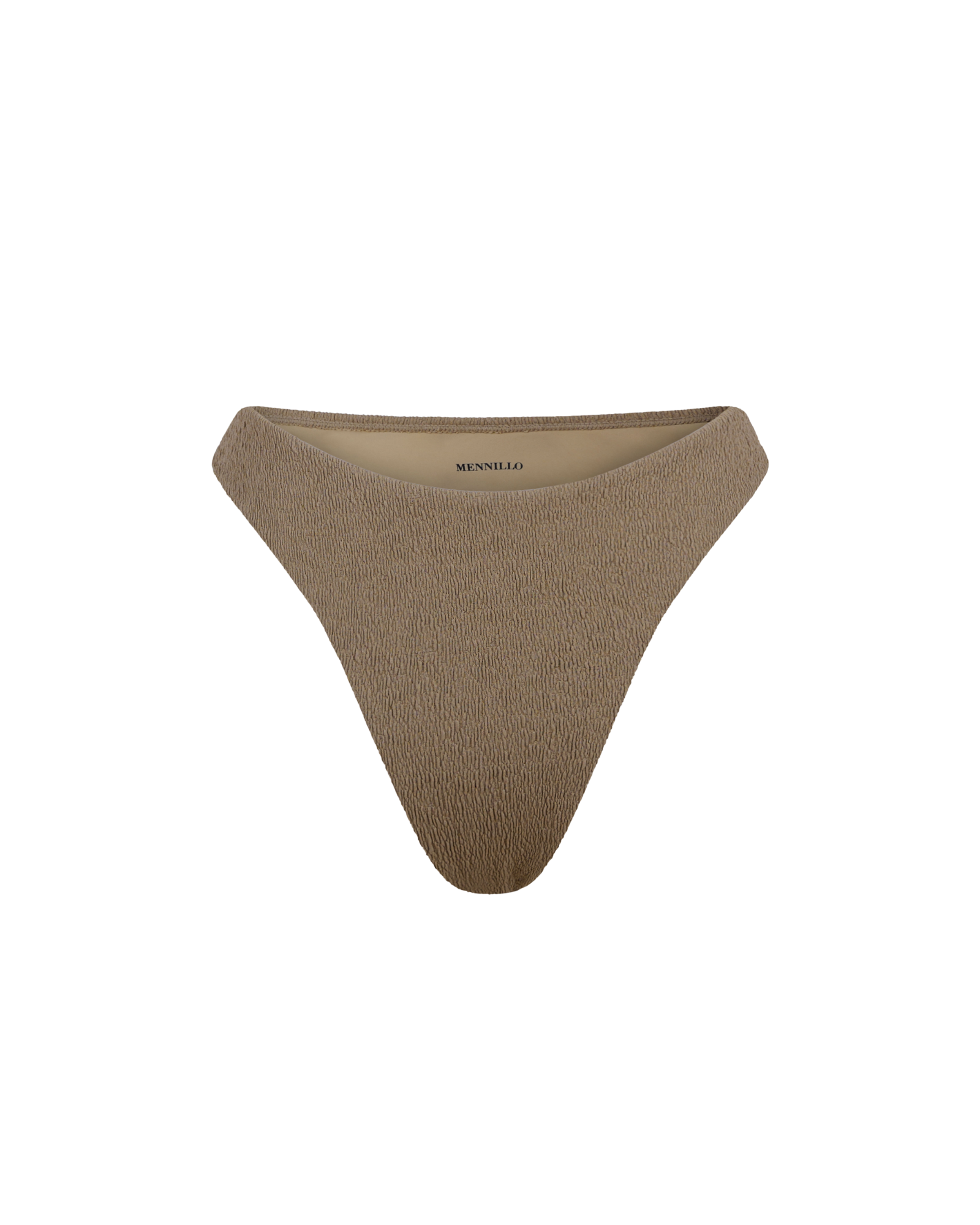 Bas de bikini beige taupe d’une marque québécoise, sur fond blanc.