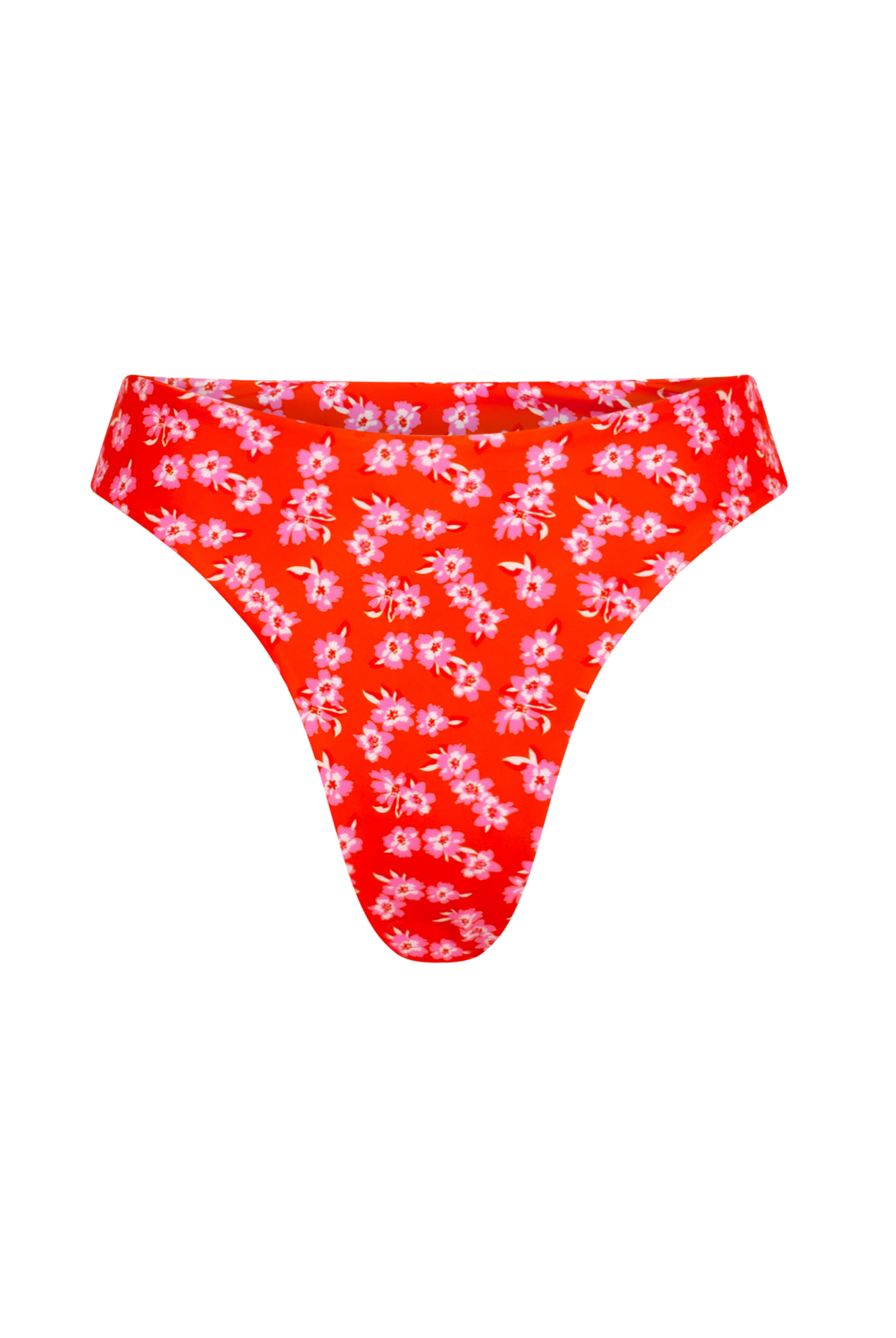 The front of the Marina mid-high waisted bikini bottom in floral red on a white background.