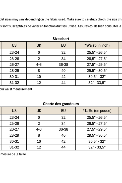 Swimsuit size chart showing bust, waist, and hips measurements in inches.