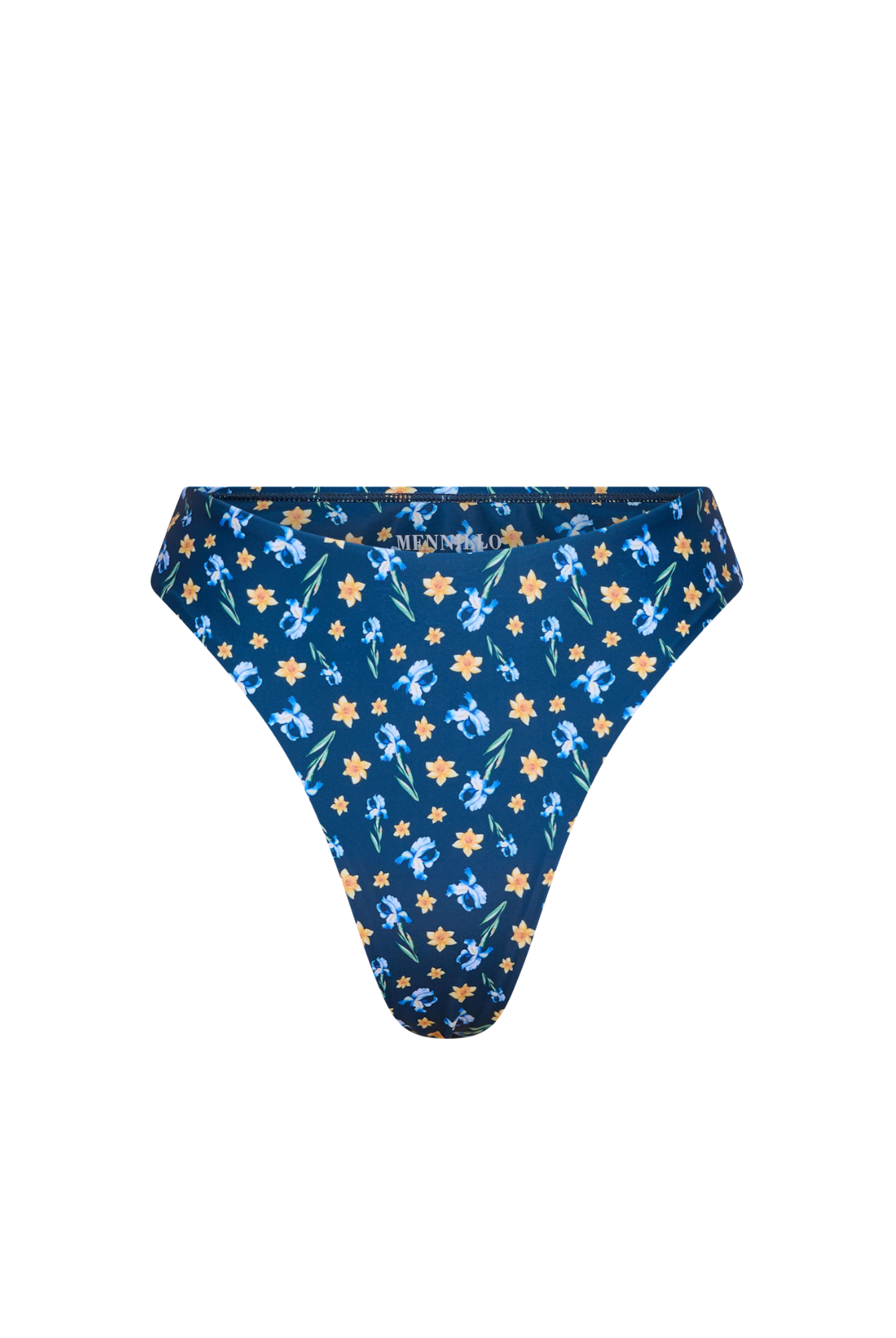 Blooming blue bikini bottom behind a white background