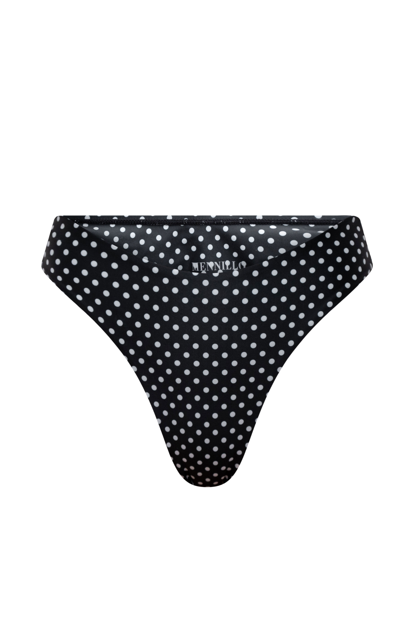 Black polka dot bikini bottom on a white background