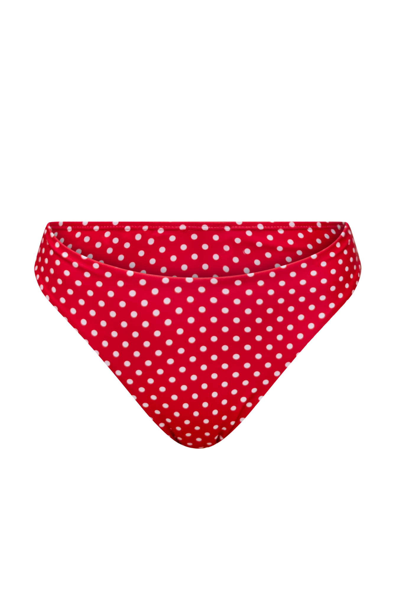 Red medium coverage bikini bottom render with white polka dots on a white background