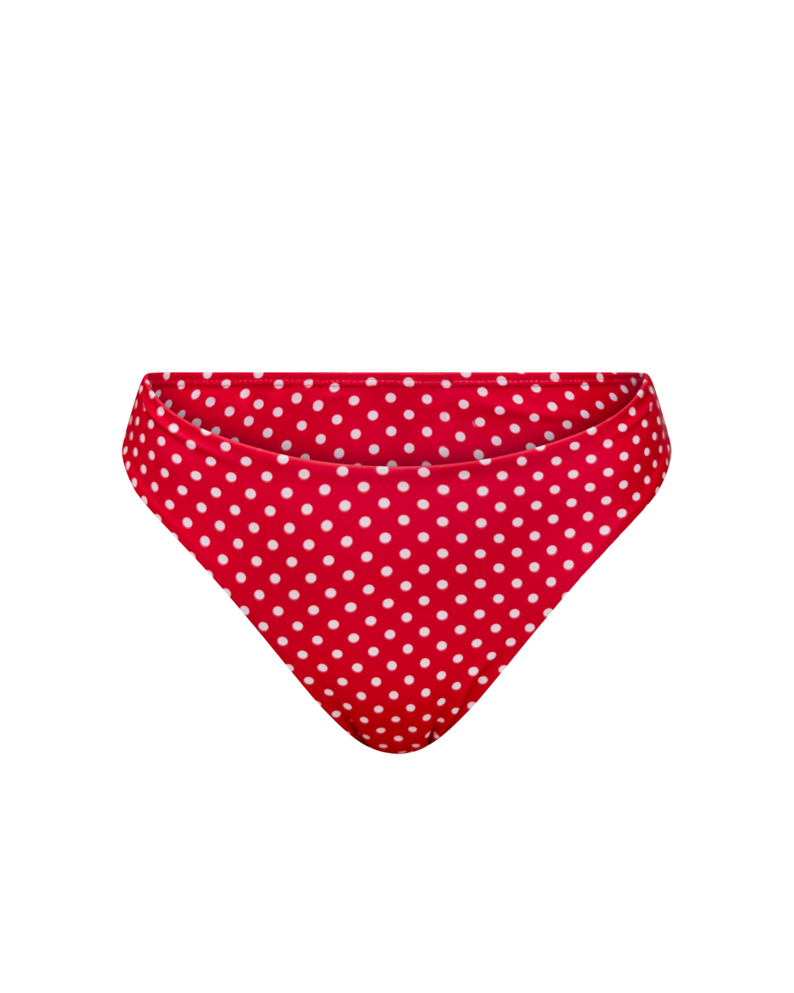Red medium coverage bikini bottom render with white polka dots on a white background