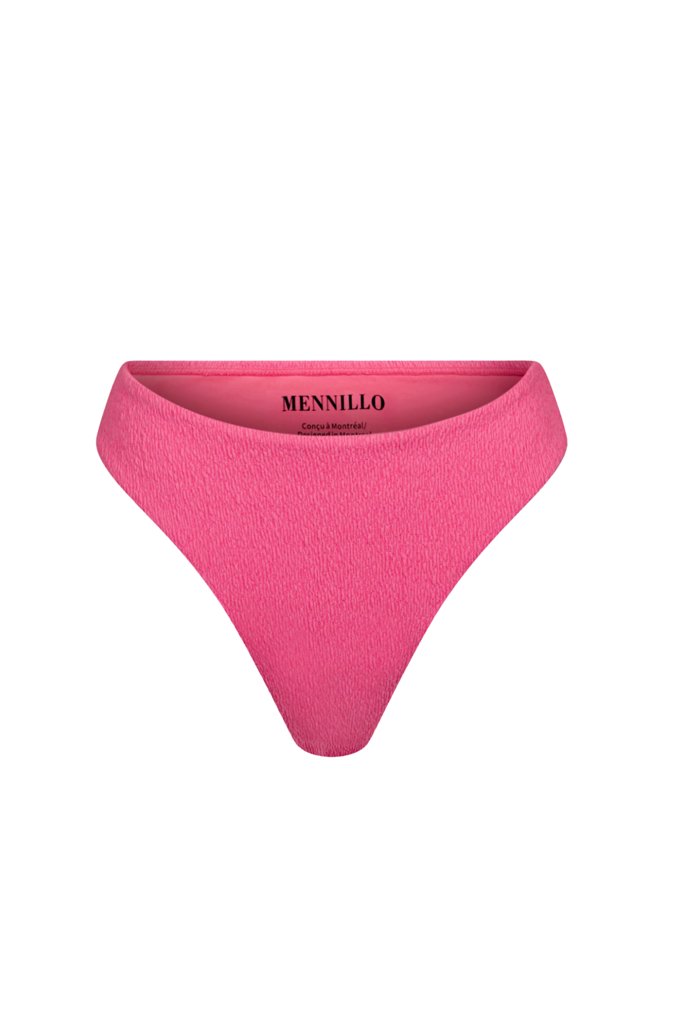 Pink bikini bottom with 'Mennillo' branding on a white background