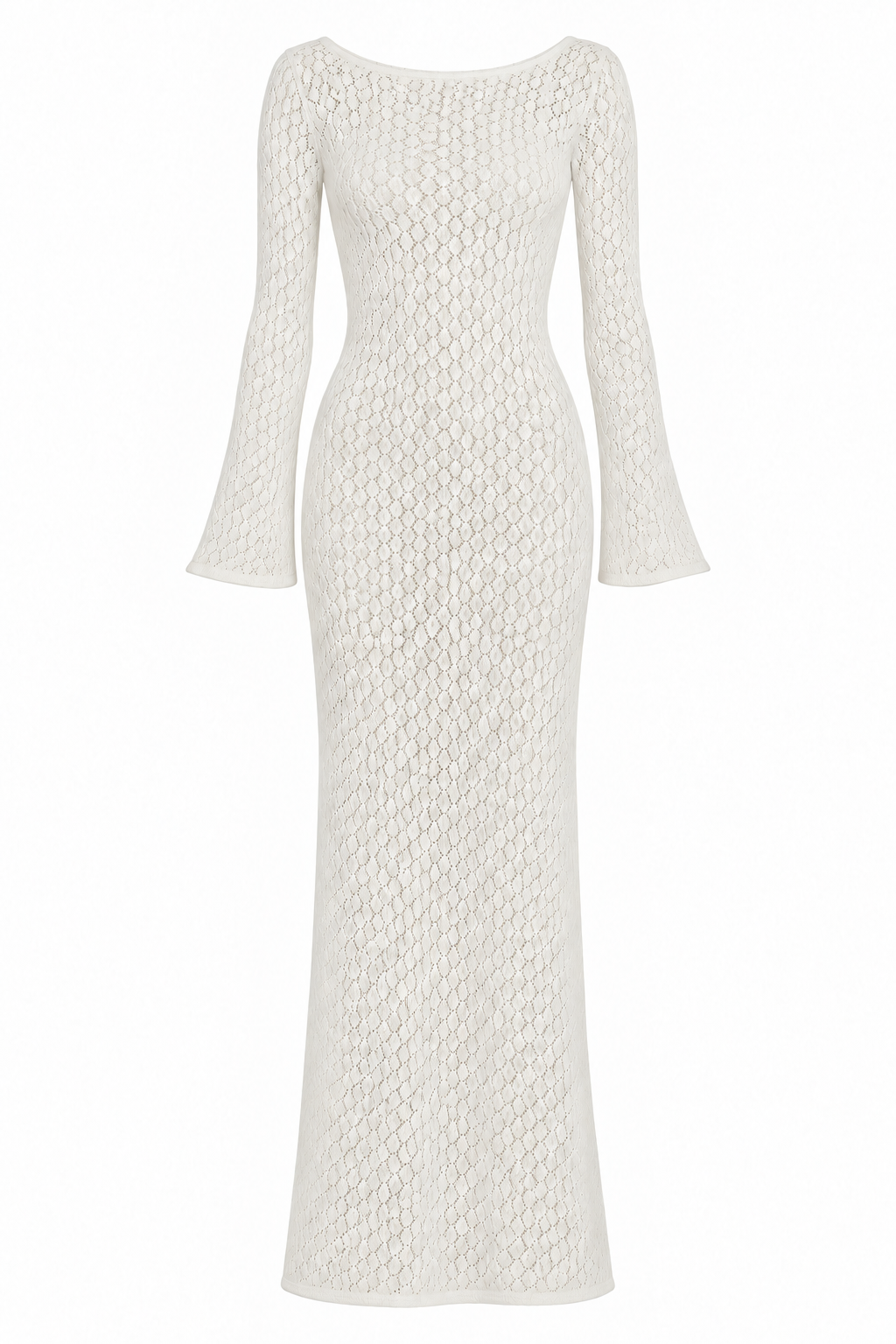 A knit dress with long bell sleeves, a boat neckline against a plain white background.