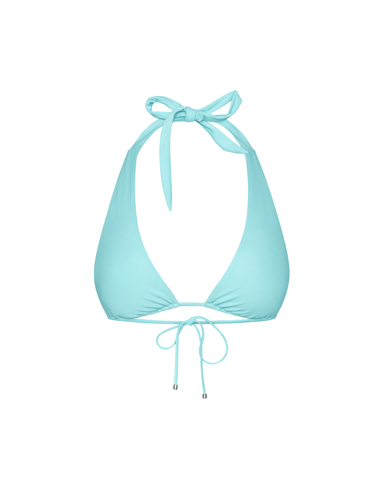 turquoise matte triangle bikini top on a white background