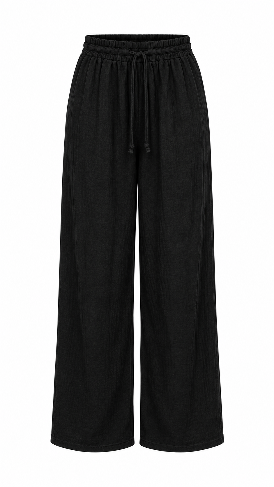 Black wide-leg pants with an elastic drawstring waist, shown against a plain white background.