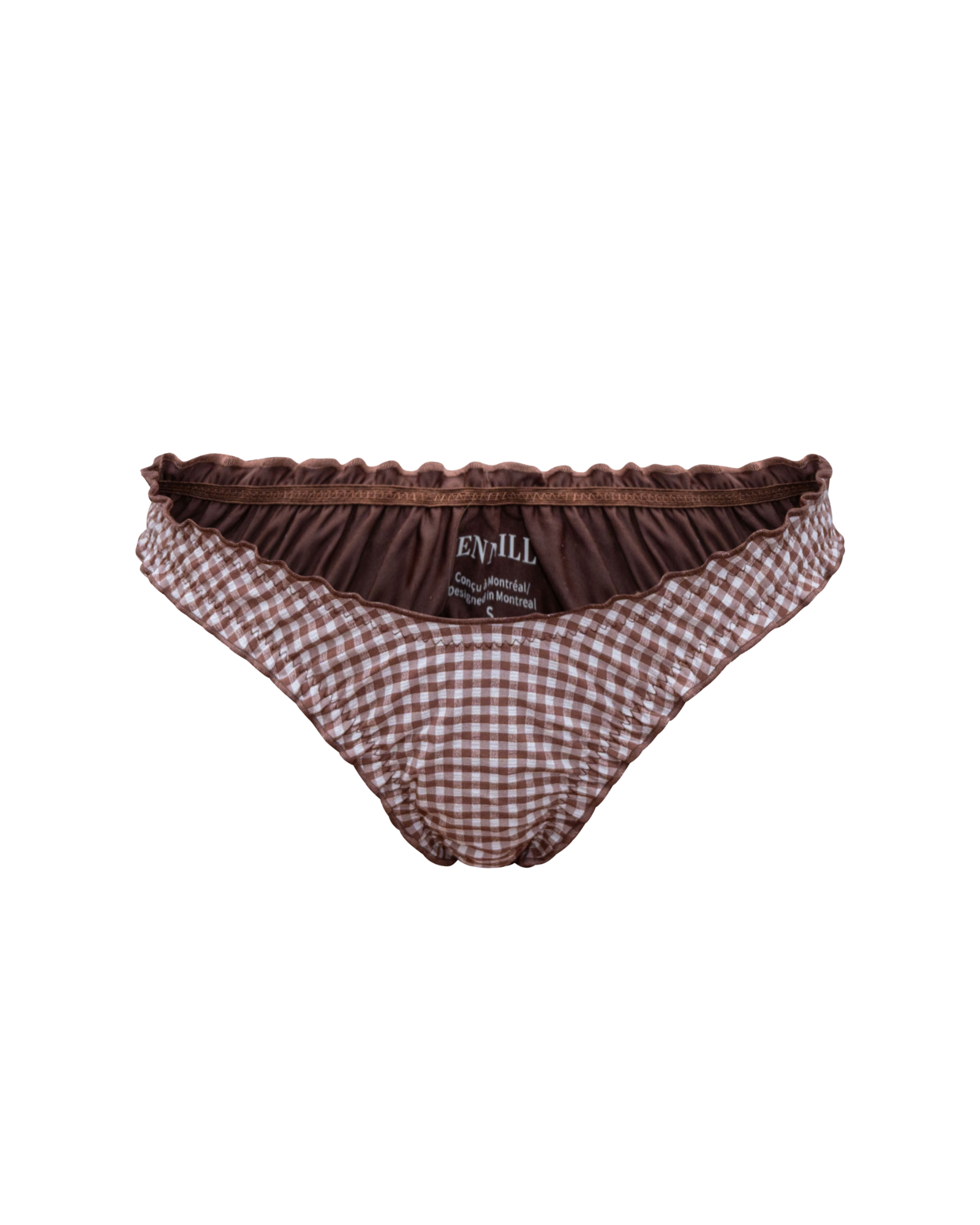 Brown checkered bikini bottom, showcased on a white background.