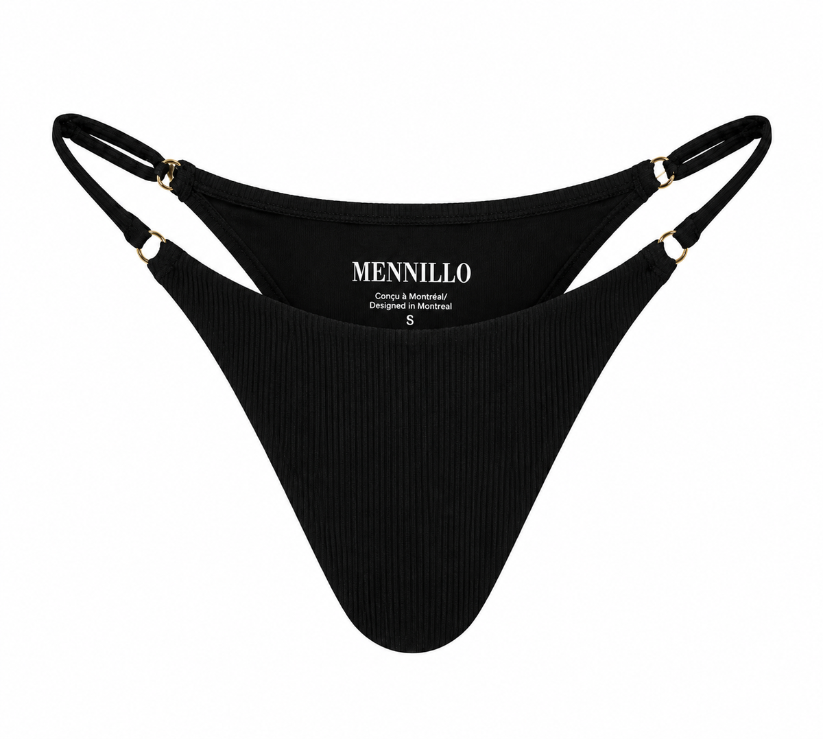 Black ribbed bottom with adjustable shoulder straps and small gold-tone hardware, shown on a plain white background.
