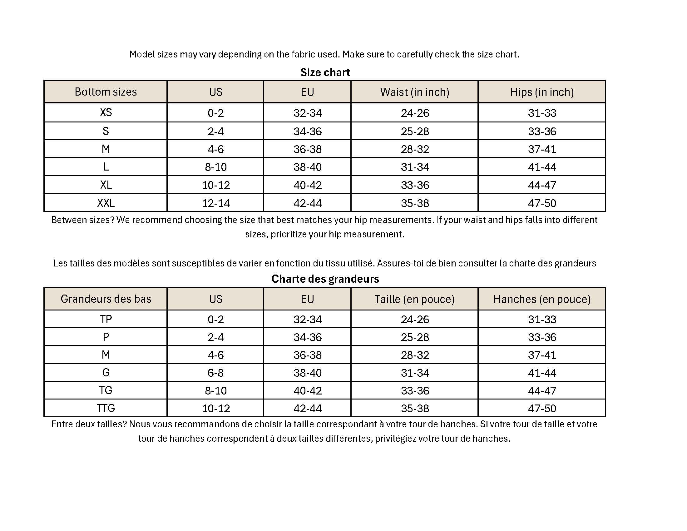 Swimsuit size chart showing waist, and hips measurements in inches.