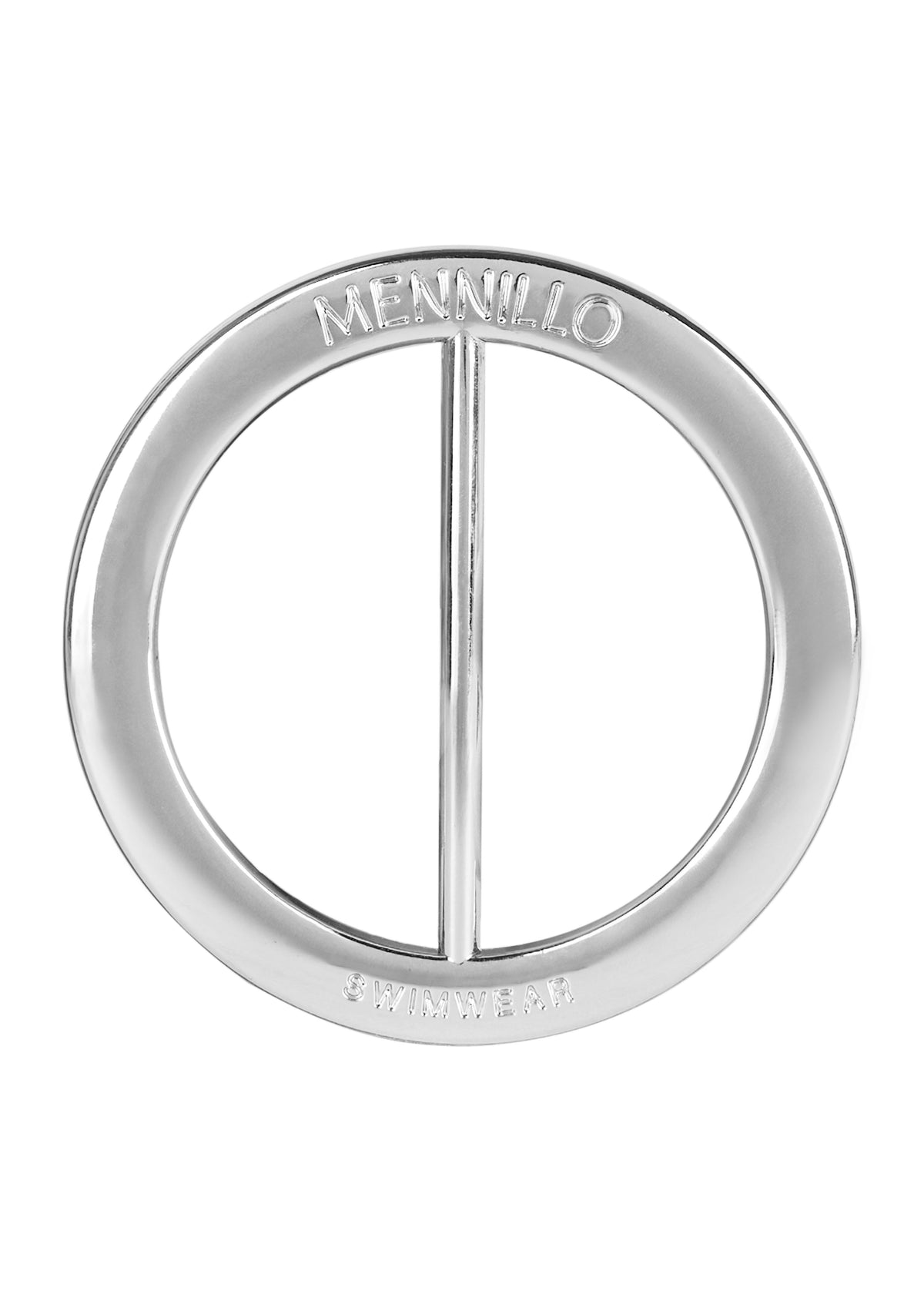 Silver sarong buckle with 'MENNILLO' branding on a white background