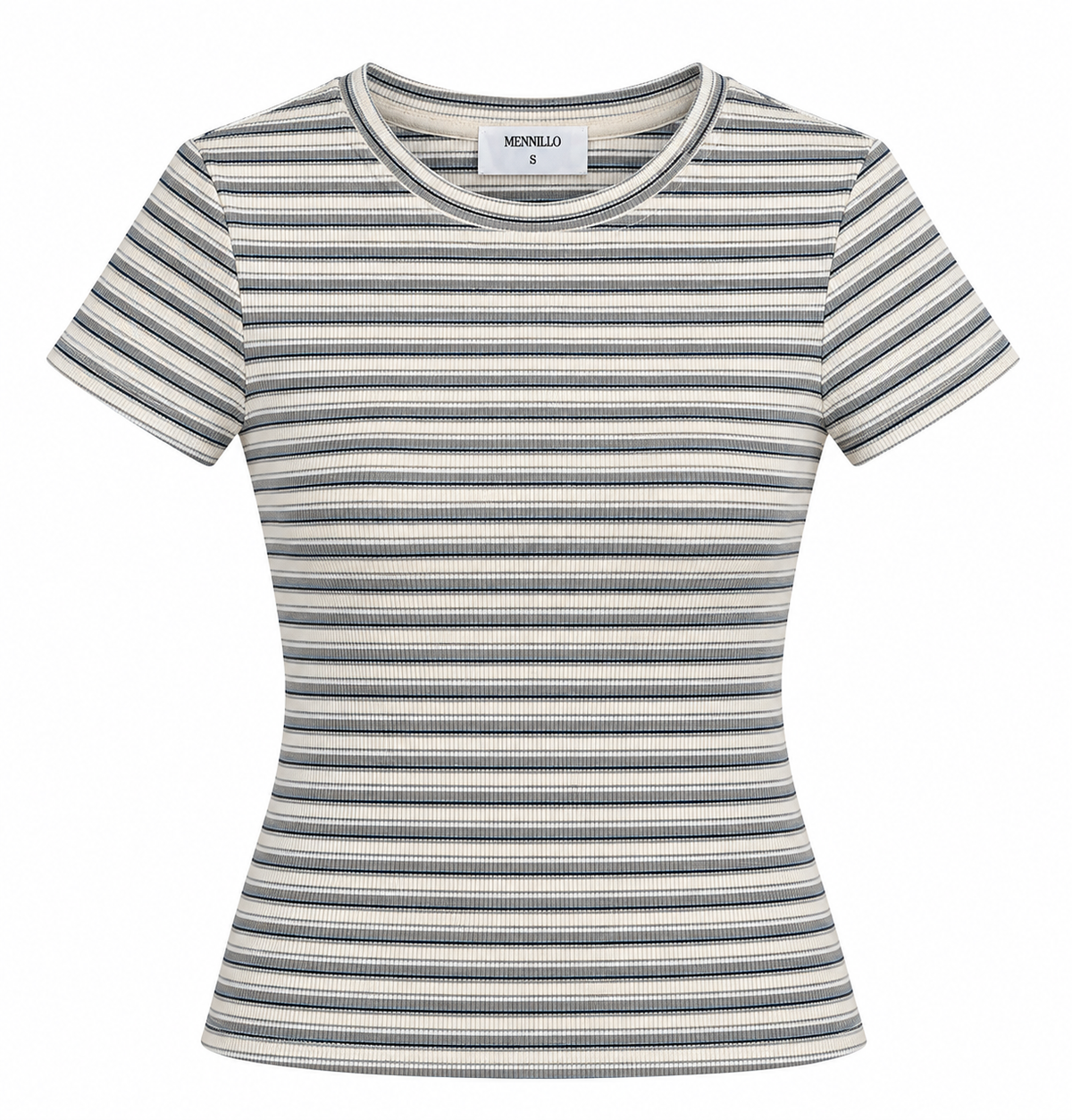 A women's short-sleeve ribbed t-shirt with horizontal gray and white stripes, shown flat against a white background. The brand name MENNILLO.