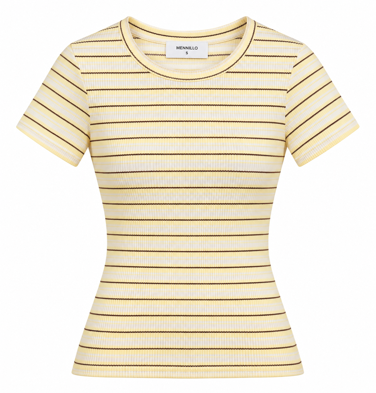 A women's short-sleeve ribbed knit t-shirt by Menillo, featuring horizontal stripes in yellow and dark brown on a cream base, shown against a plain white background.