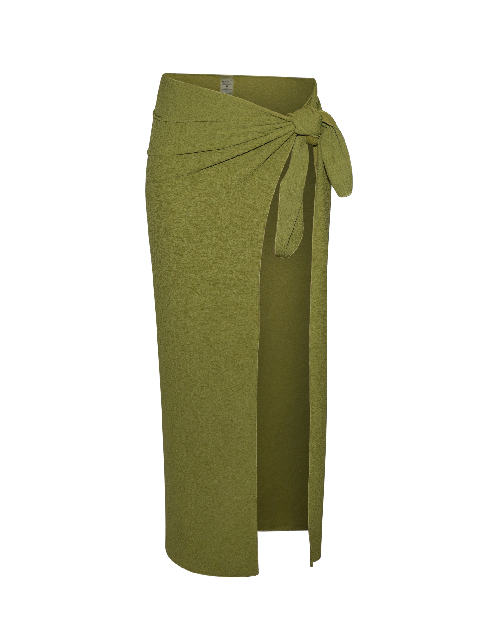 Green wrap skirt with a tie waist on a white background