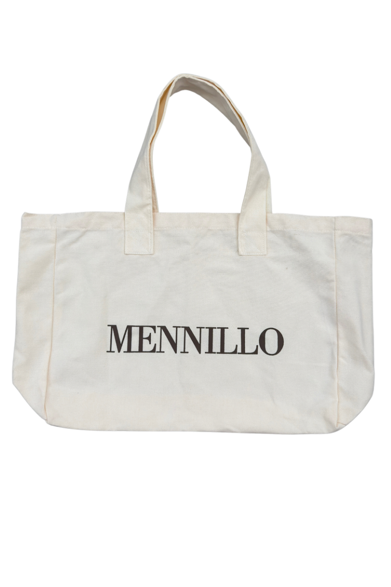 White tote bag with Mennillo branding on a white background