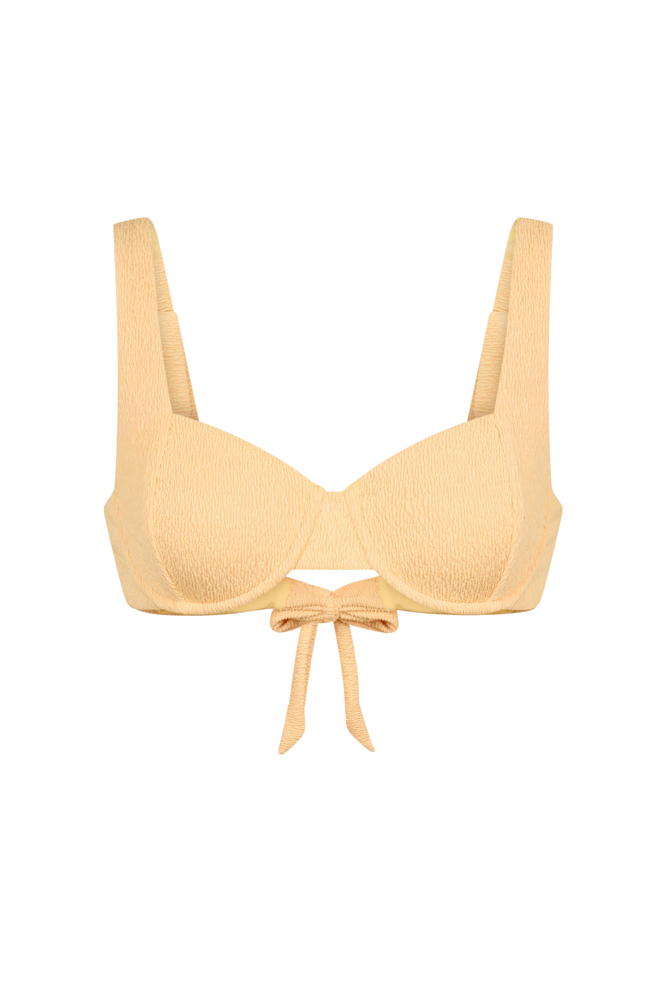 Yellow bikini top with a bow on a white background