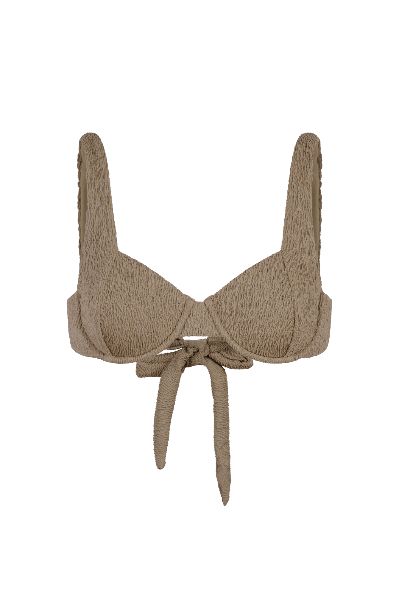 Beige bikini top with ties on a white background
