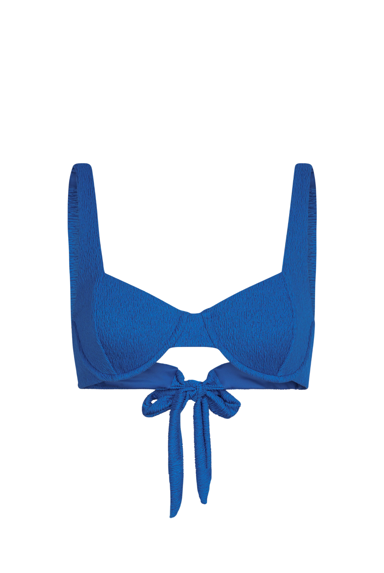Blue bikini top with ties on a white background