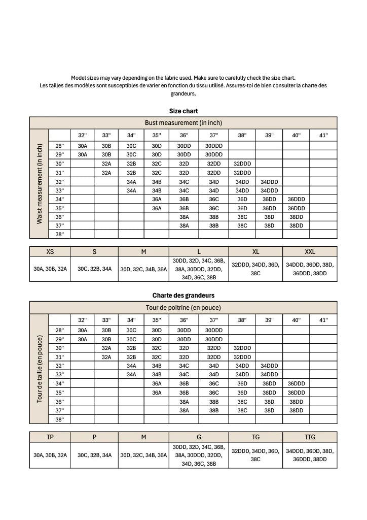 Fabric size chart with bust measurements in inches and corresponding fabric types.