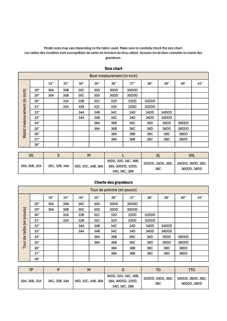 Tableau des tailles de tissu avec les mesures de la poitrine et de la taille en pouces et en centimètres