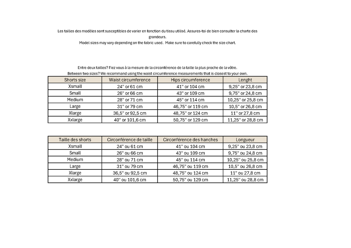 A size chart table showing conversions between shorts sizes, waist circumference, hip circumference, and length for models in cm
