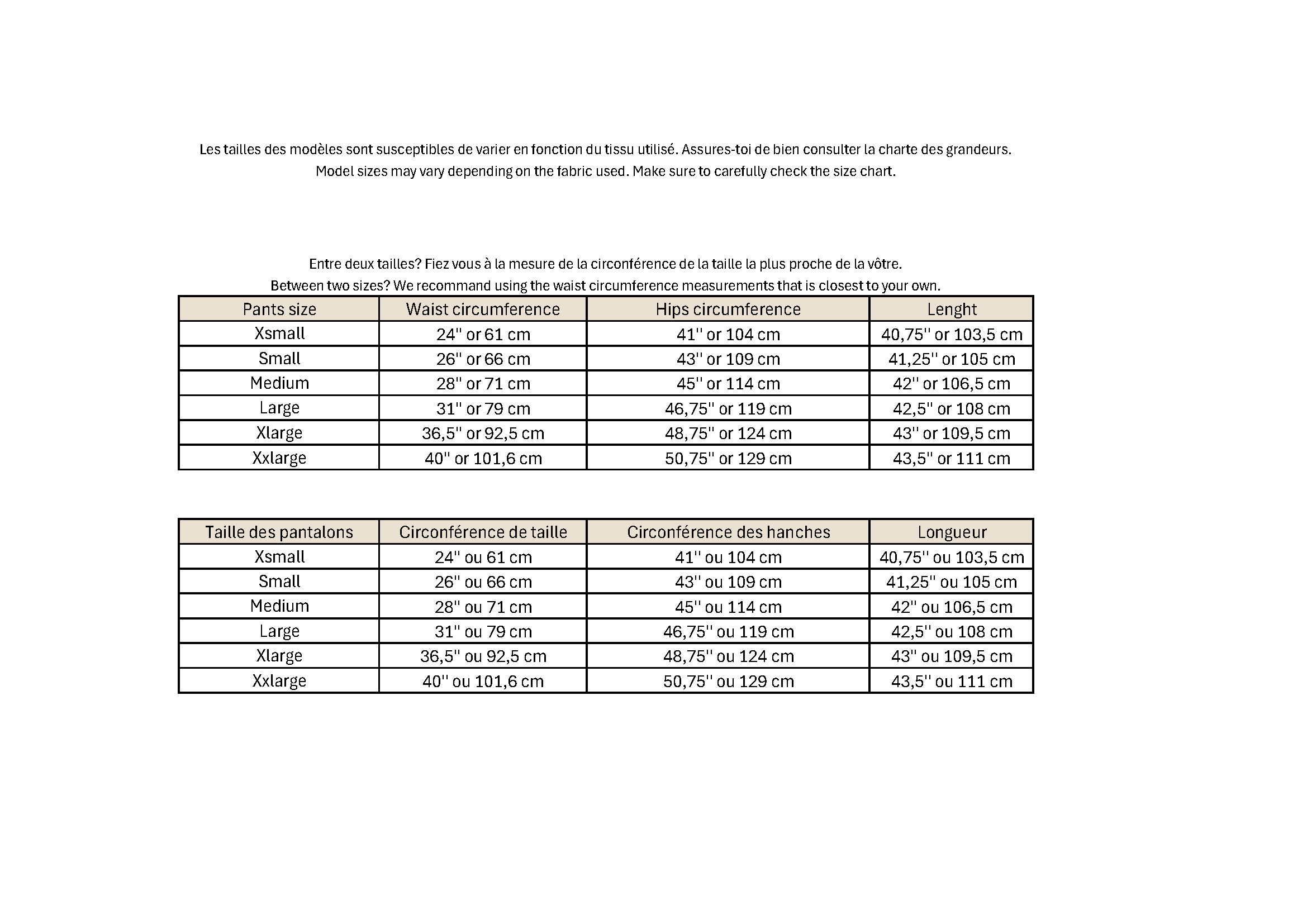 A sizing chart with tables showing measurements for pants size, waist circumference, hip circumference, and length, in cm