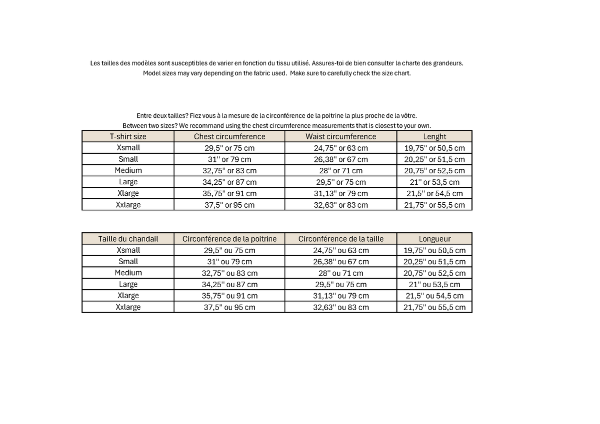 Size chart showing chest circumference and waist/length in cm