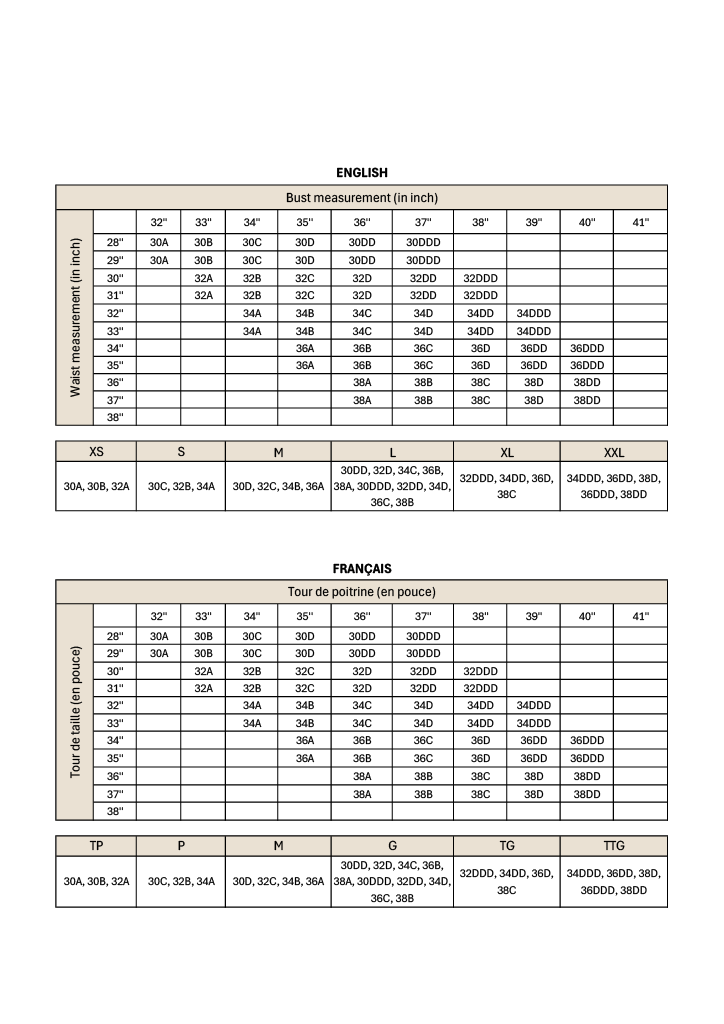 Measurement chart for bust and waist sizes in both English and French.