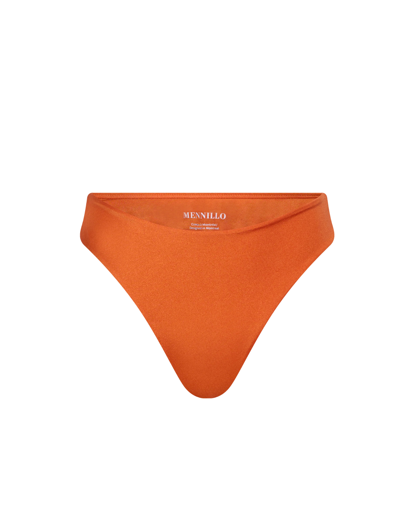 Orange bikini bottom with 'MENILLO' branding on a white background