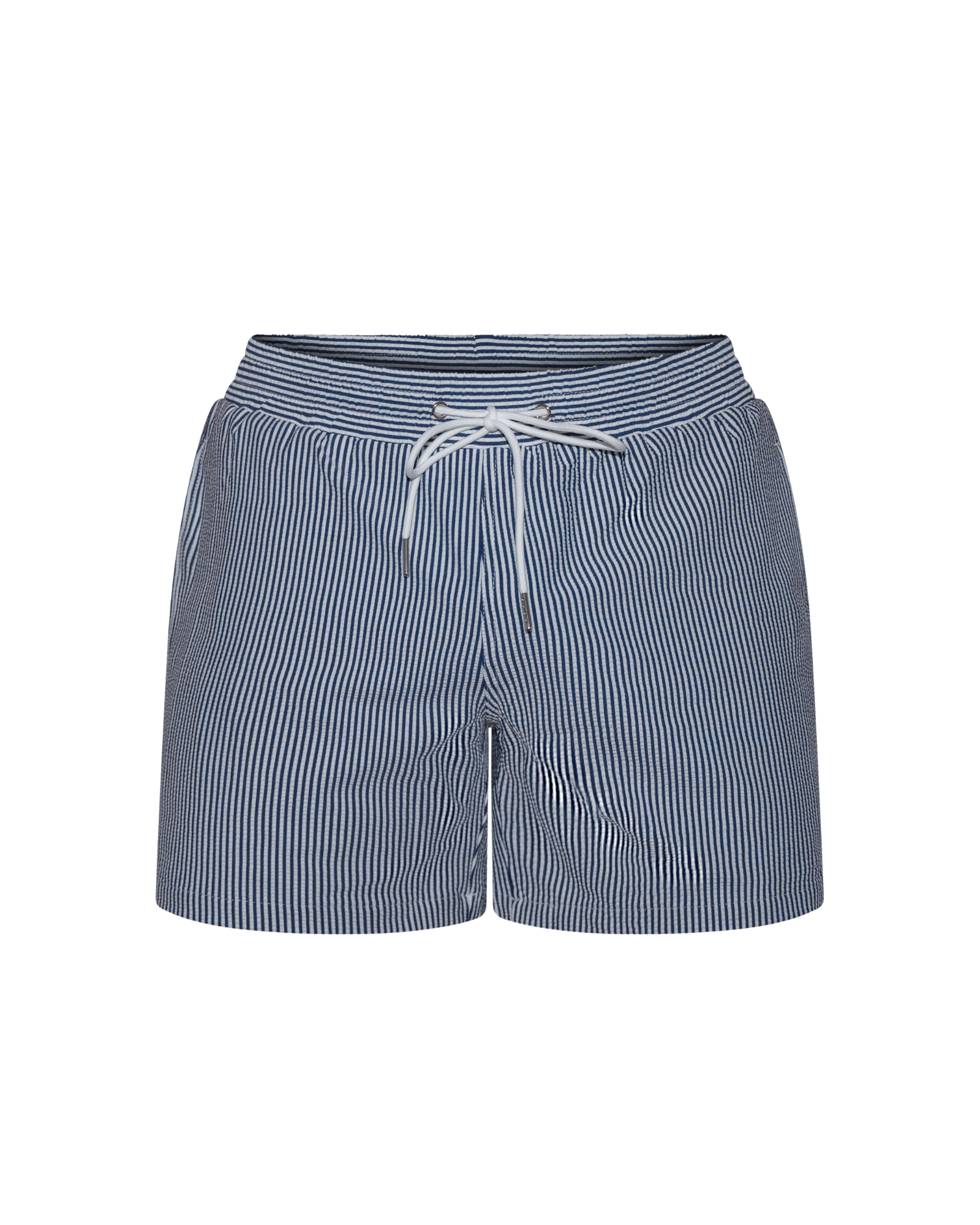 Blue striped shorts with a drawstring on a white background