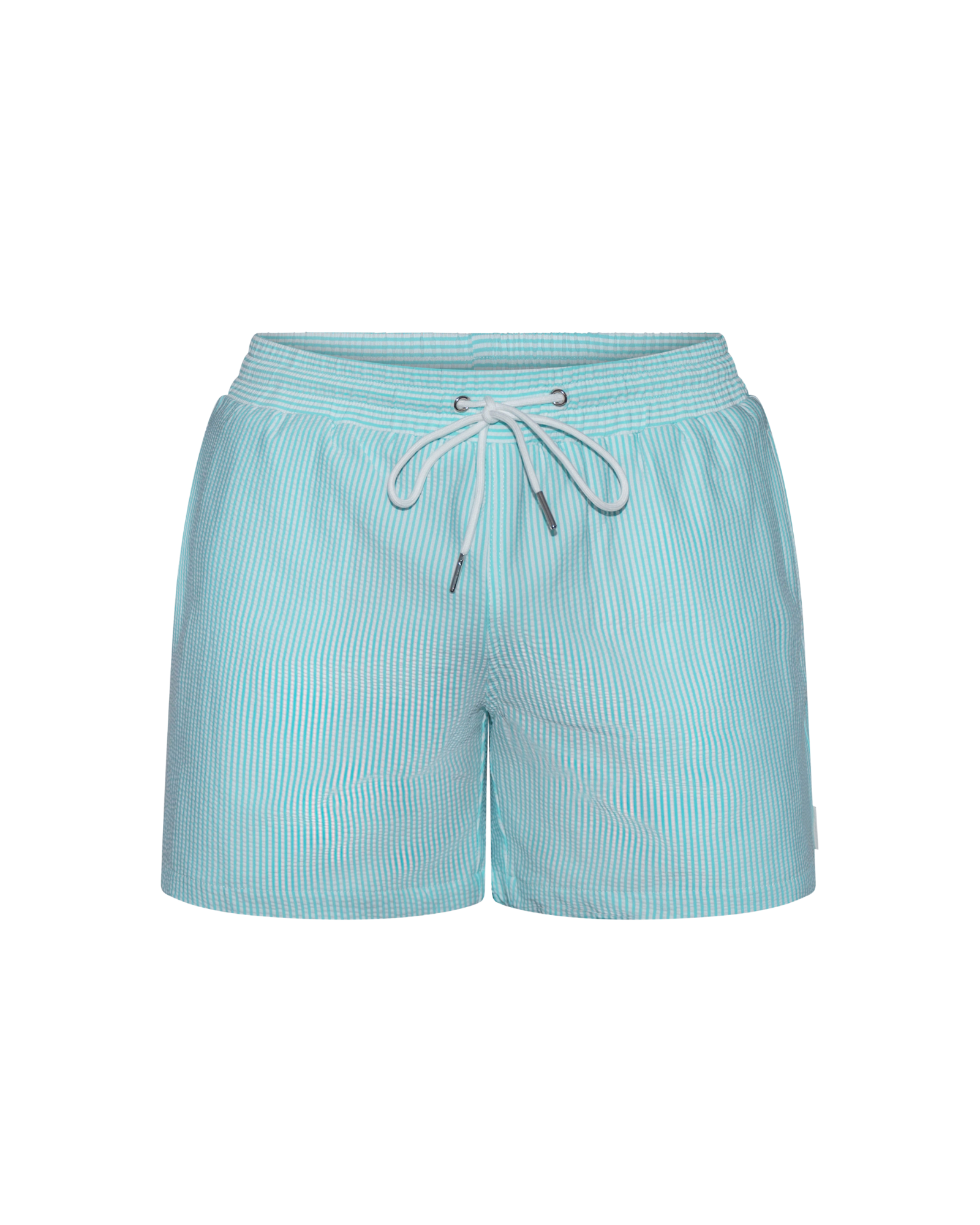 Light blue striped shorts with drawstring on a white background
