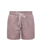 Brown and white checkered drawstring shorts on a white background from a Canadian brand.