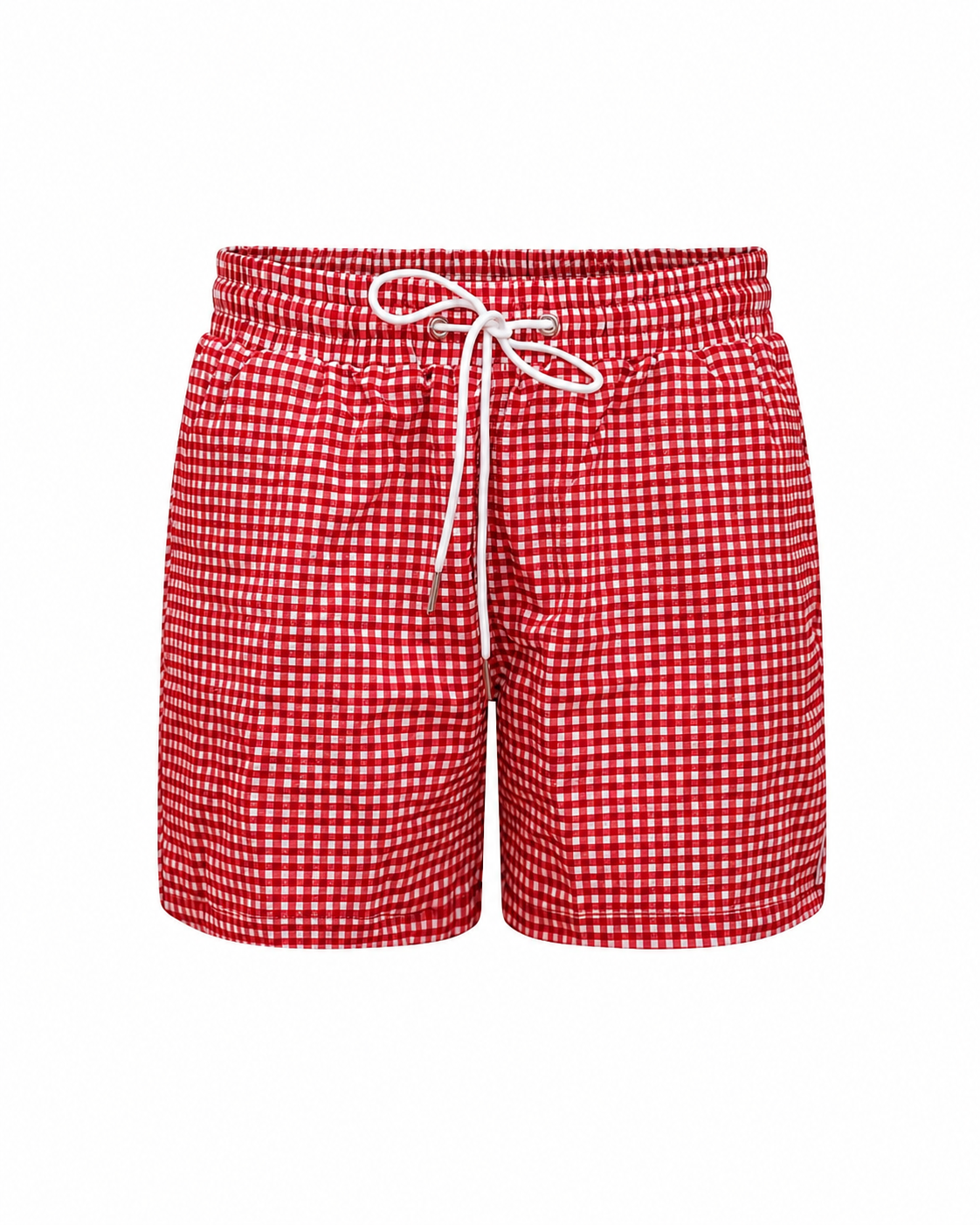 Red and white checkered shorts with a drawstring on a white background