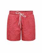 Red and white checkered shorts with a drawstring on a white background