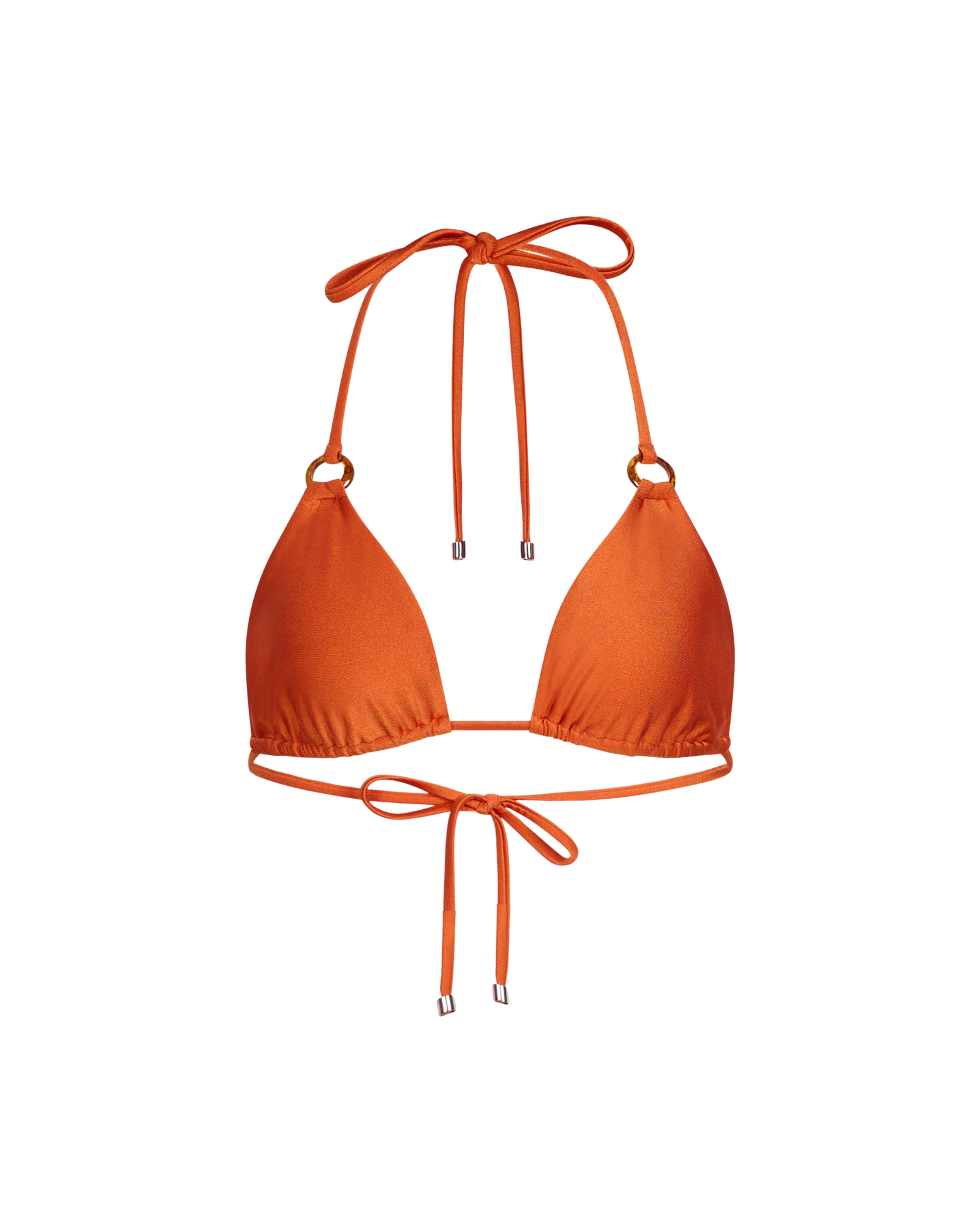Orange bikini top with thin straps on a white background