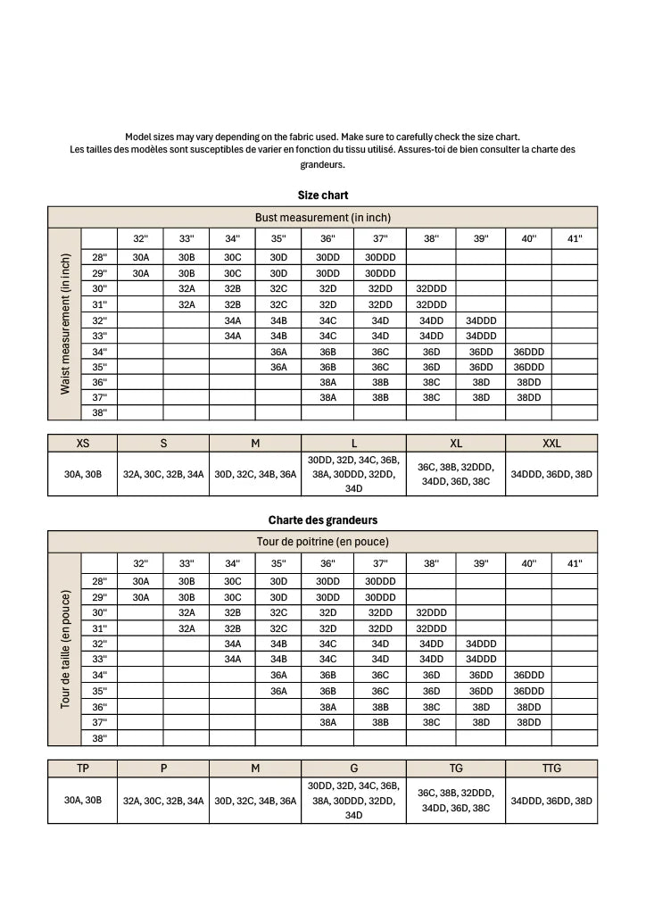 Size chart for fabric measurements in inches and centimeters on a white background