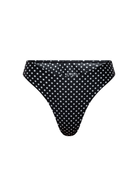 Black polka dot bikini bottom on a white background