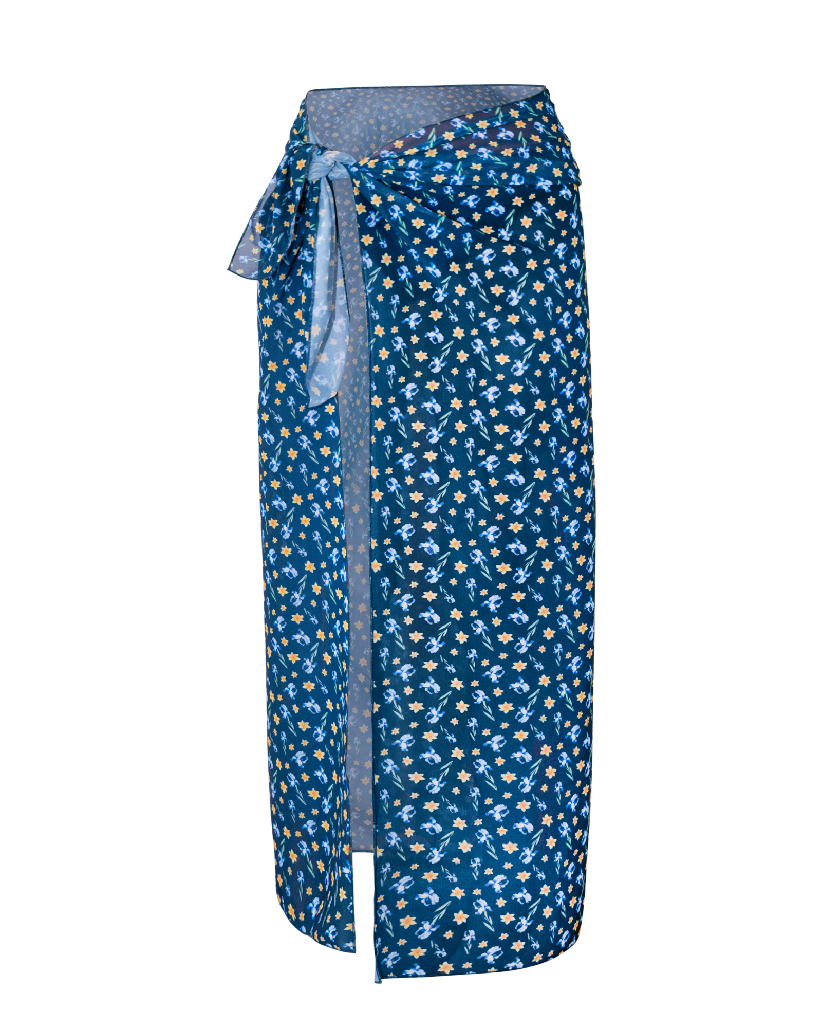 Blooming blue print sarong sarong with a bow on a white background