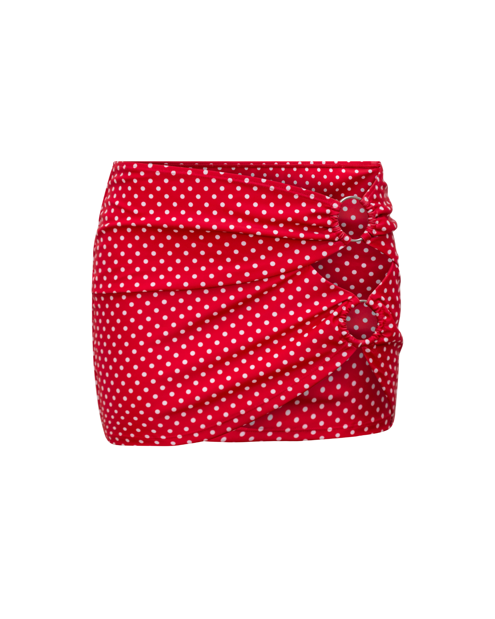 Red polka dot mini skirt render with silver hoops on a white background