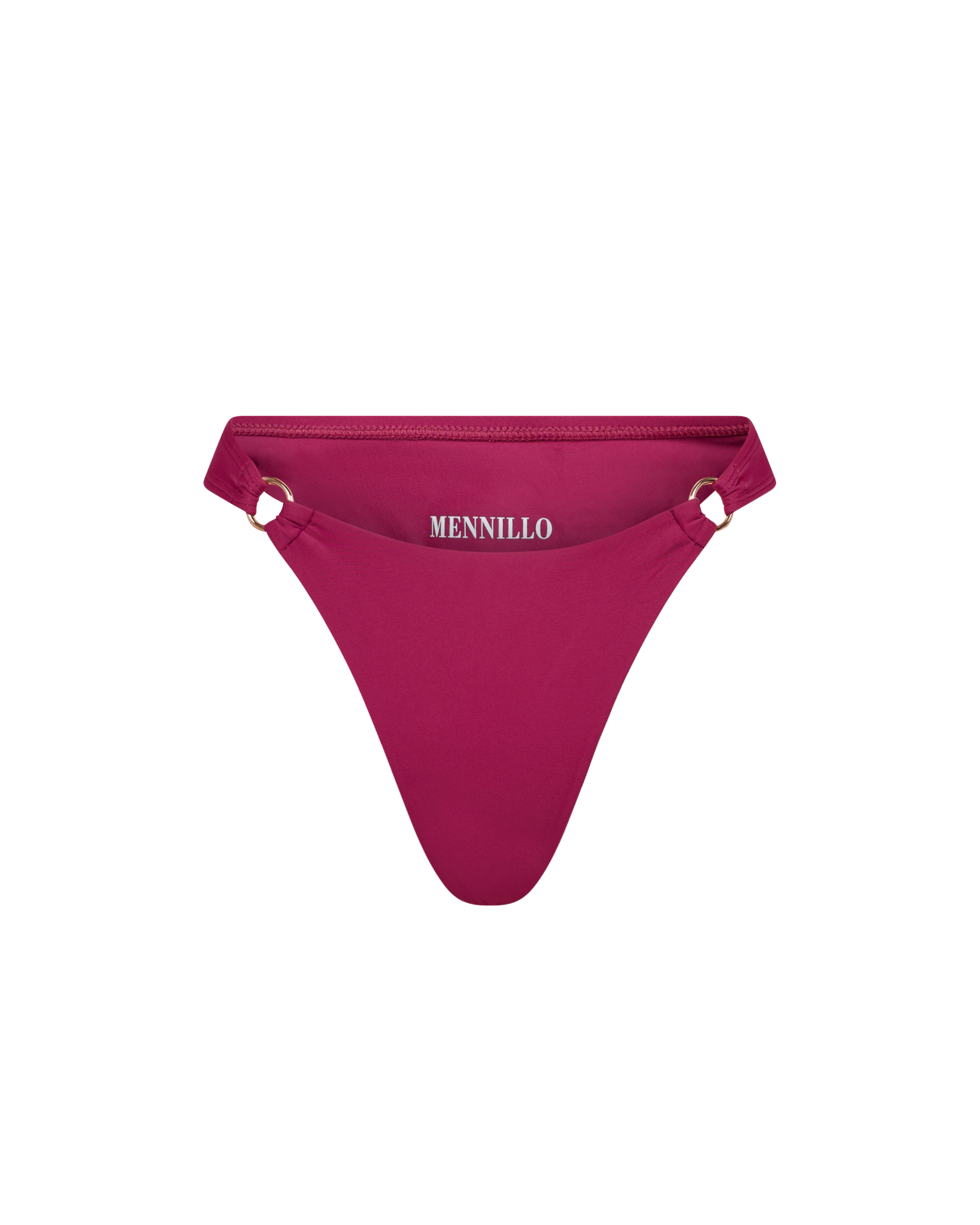 Raspberry cherry matte bikini bottom with 'MENNILLO' branding on a white background