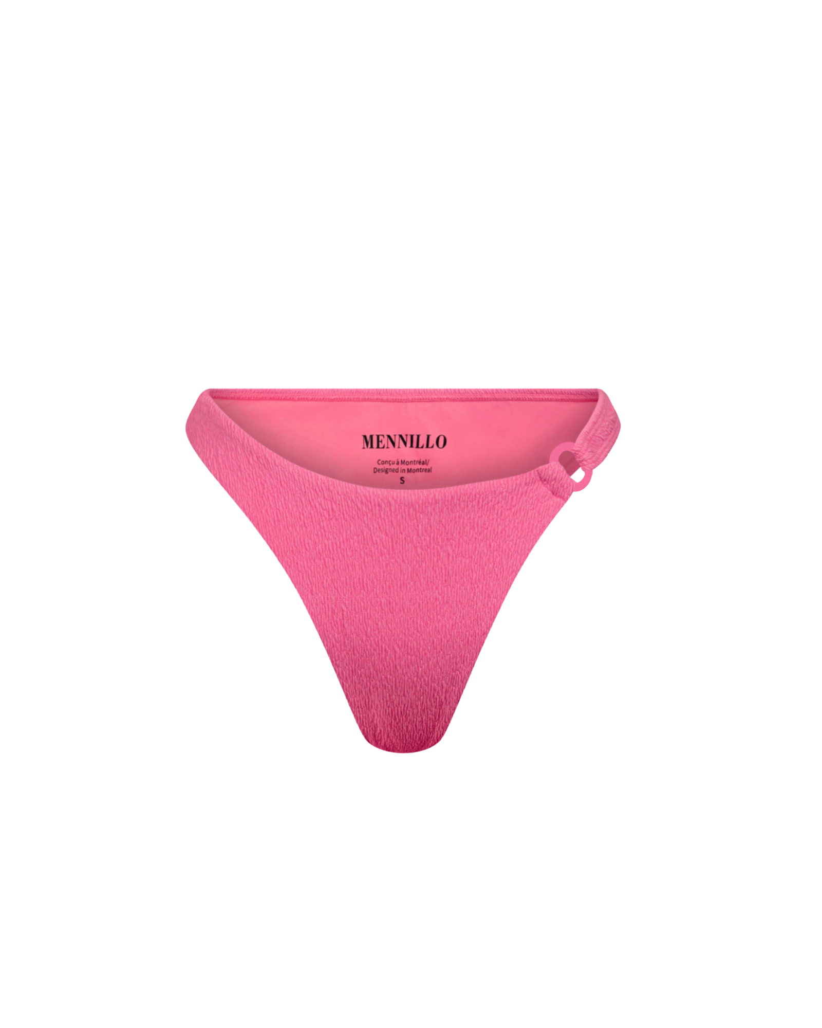 Pink bikini bottom with 'Mennillo' branding on a white background