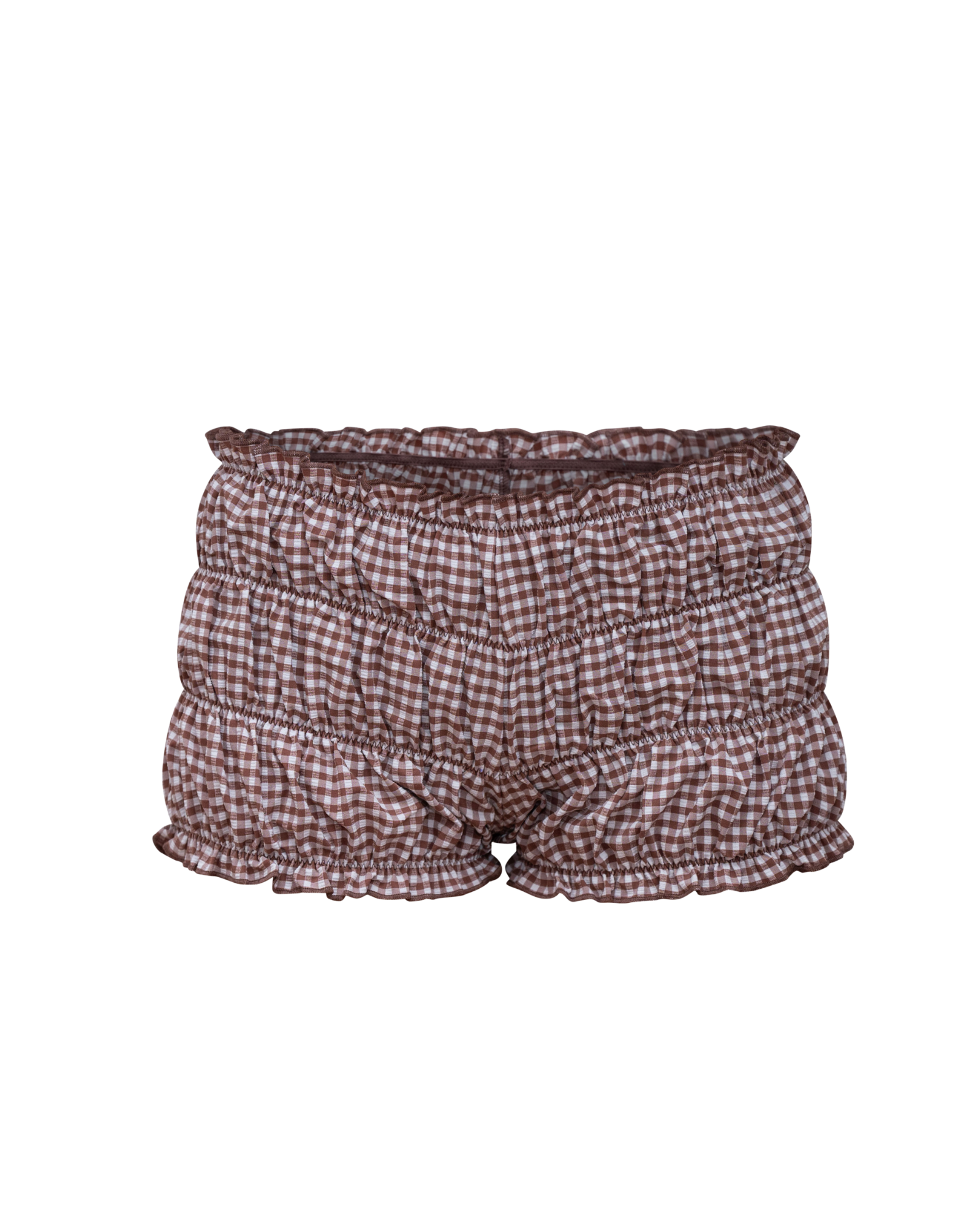 Brown checkered shorts in a stylish design, showcased on a white background.