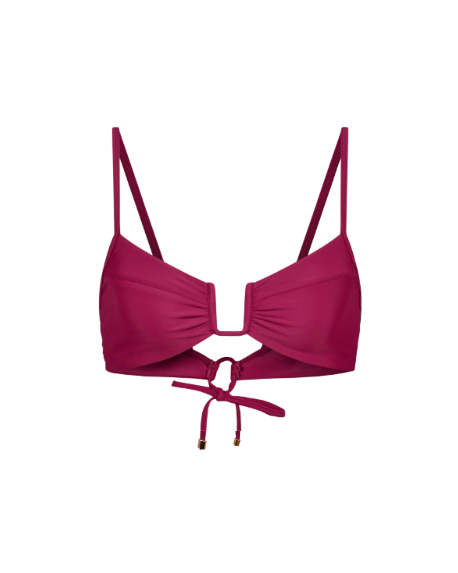 Raspberry cherry matte bikini top with thin straps on a white background