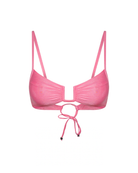 Shiny pink bikini top with a U-shape design
