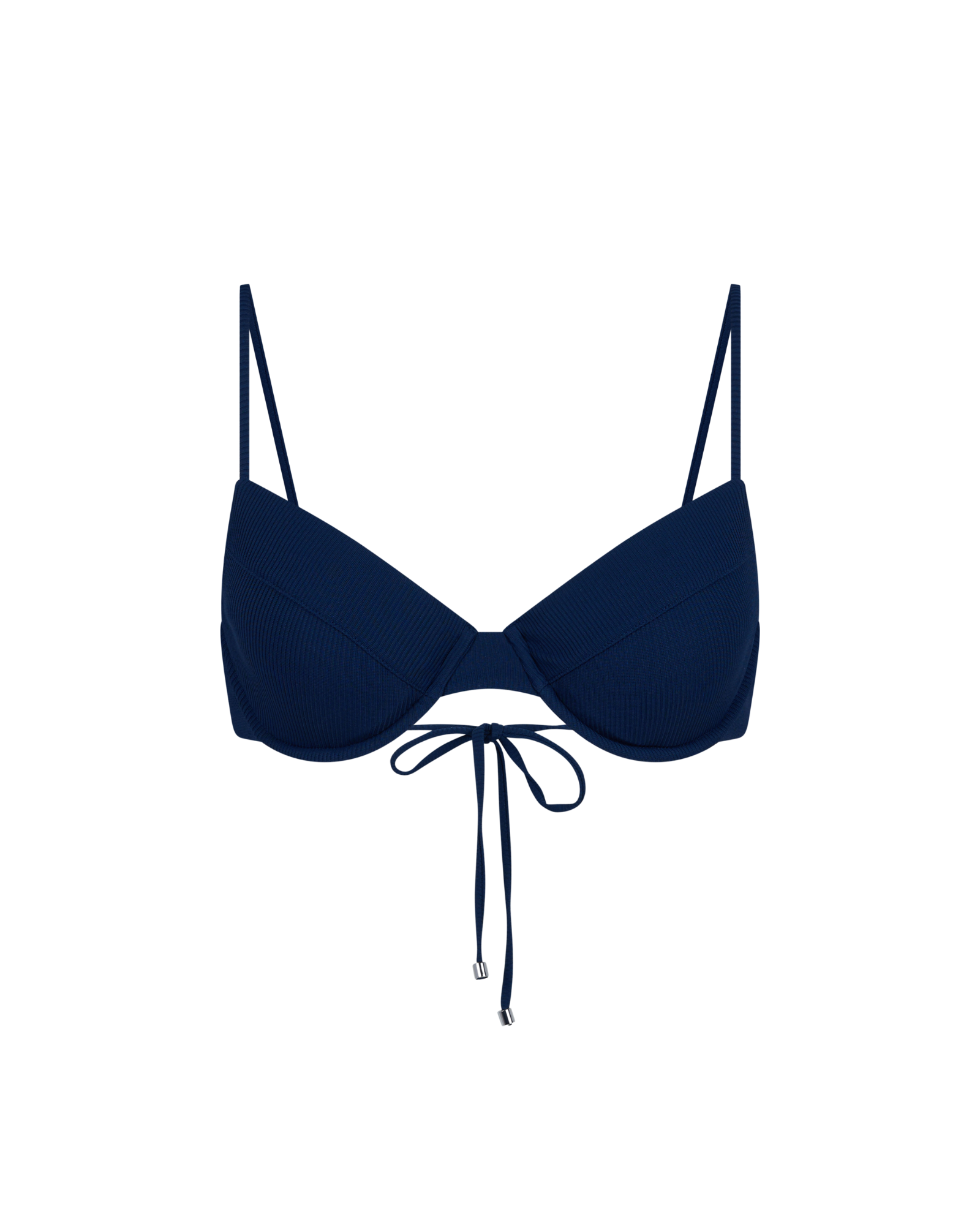 Navy blue bikini top with thin straps on a white background